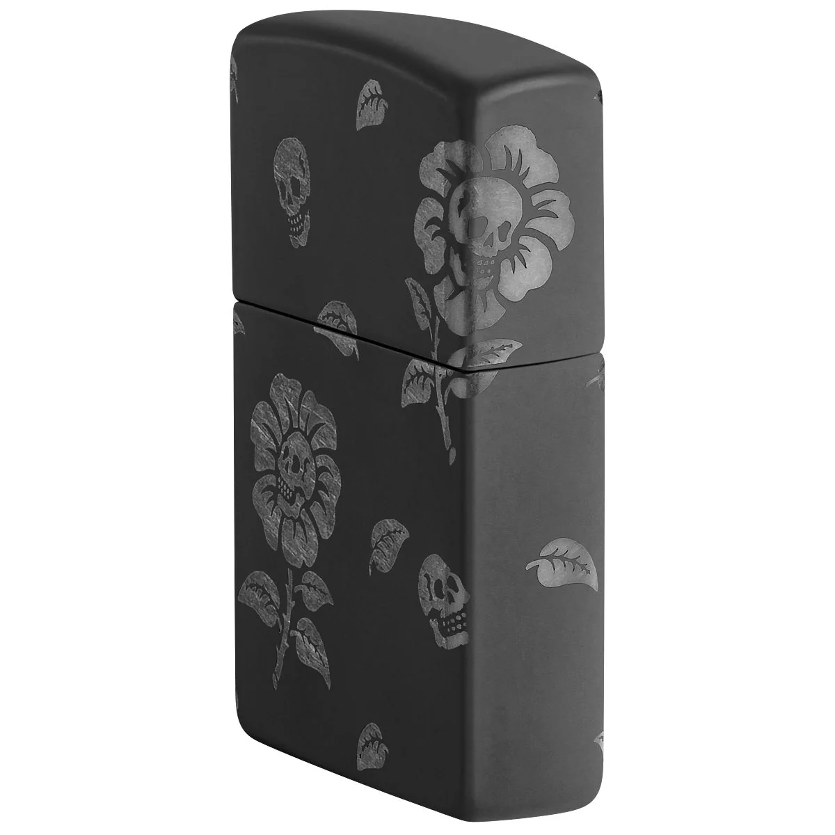 Zippo Lighter: Skull Flowers, Laser Engraved 360 - Black Matte with Chrome 48931 - Image 3