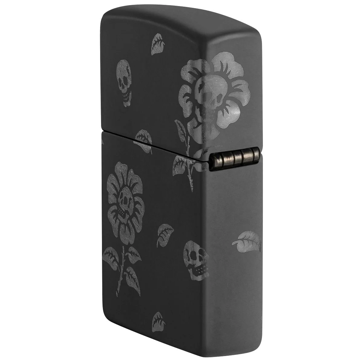 Zippo Lighter: Skull Flowers, Laser Engraved 360 - Black Matte with Chrome 48931 - Image 4
