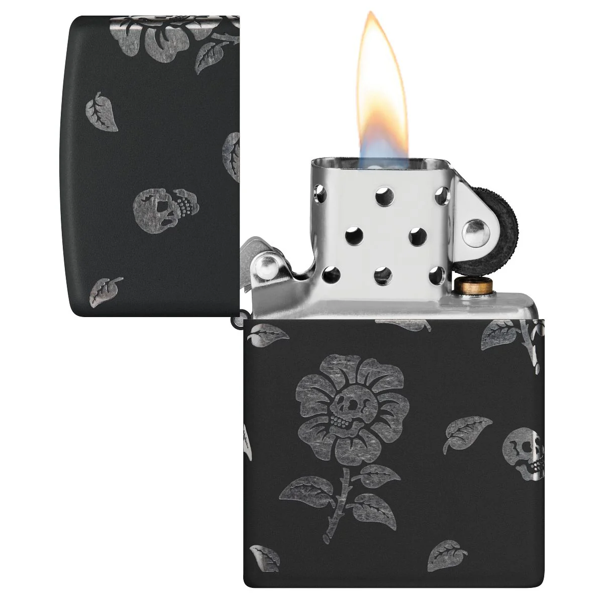 Zippo Lighter: Skull Flowers, Laser Engraved 360 - Black Matte with Chrome 48931 - Image 7