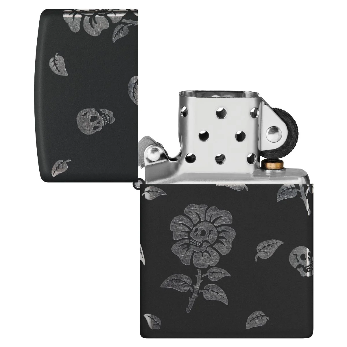 Zippo Lighter: Skull Flowers, Laser Engraved 360 - Black Matte with Chrome 48931 - Image 8