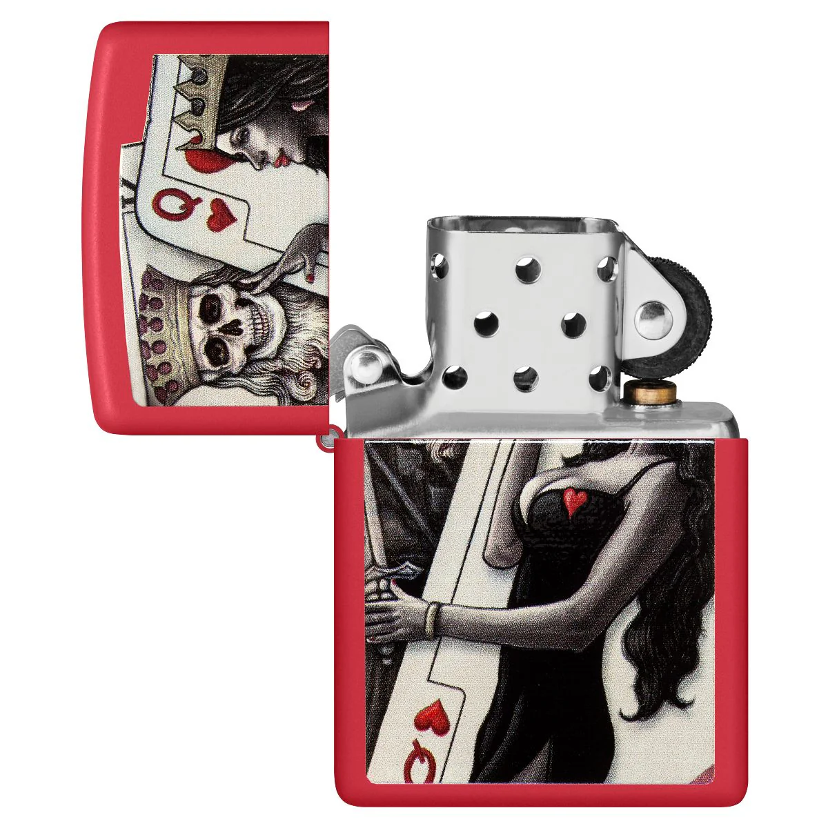 Zippo Lighter: Skull King and Queen Playing Cards - Red Matte 48624 - Image 4