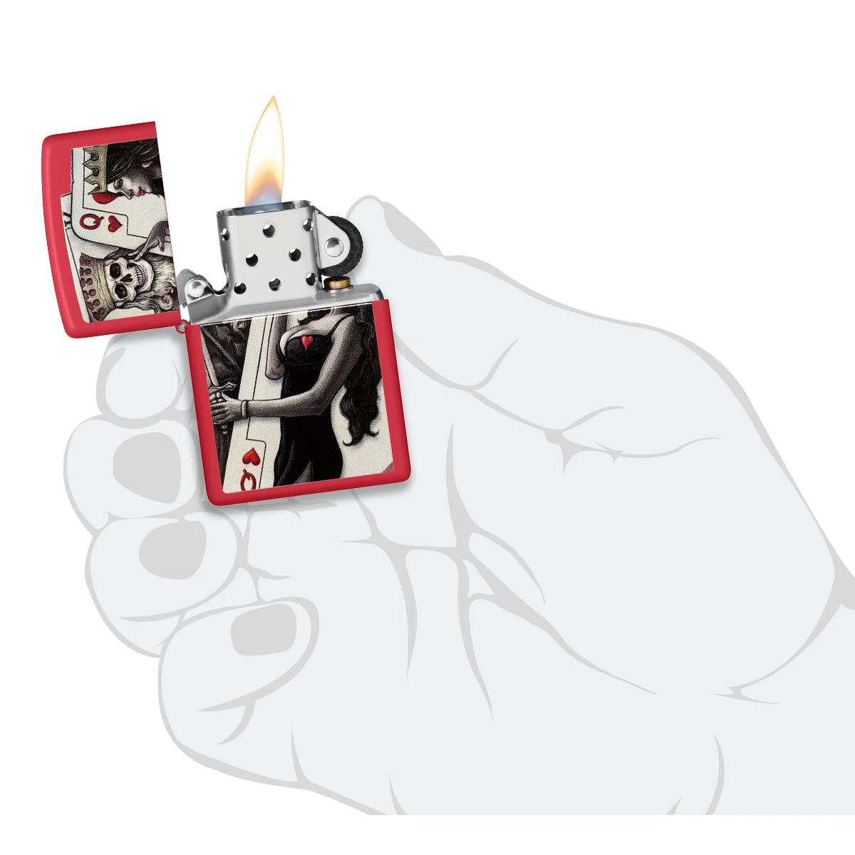 Zippo Lighter: Skull King and Queen Playing Cards - Red Matte 48624 - Image 5
