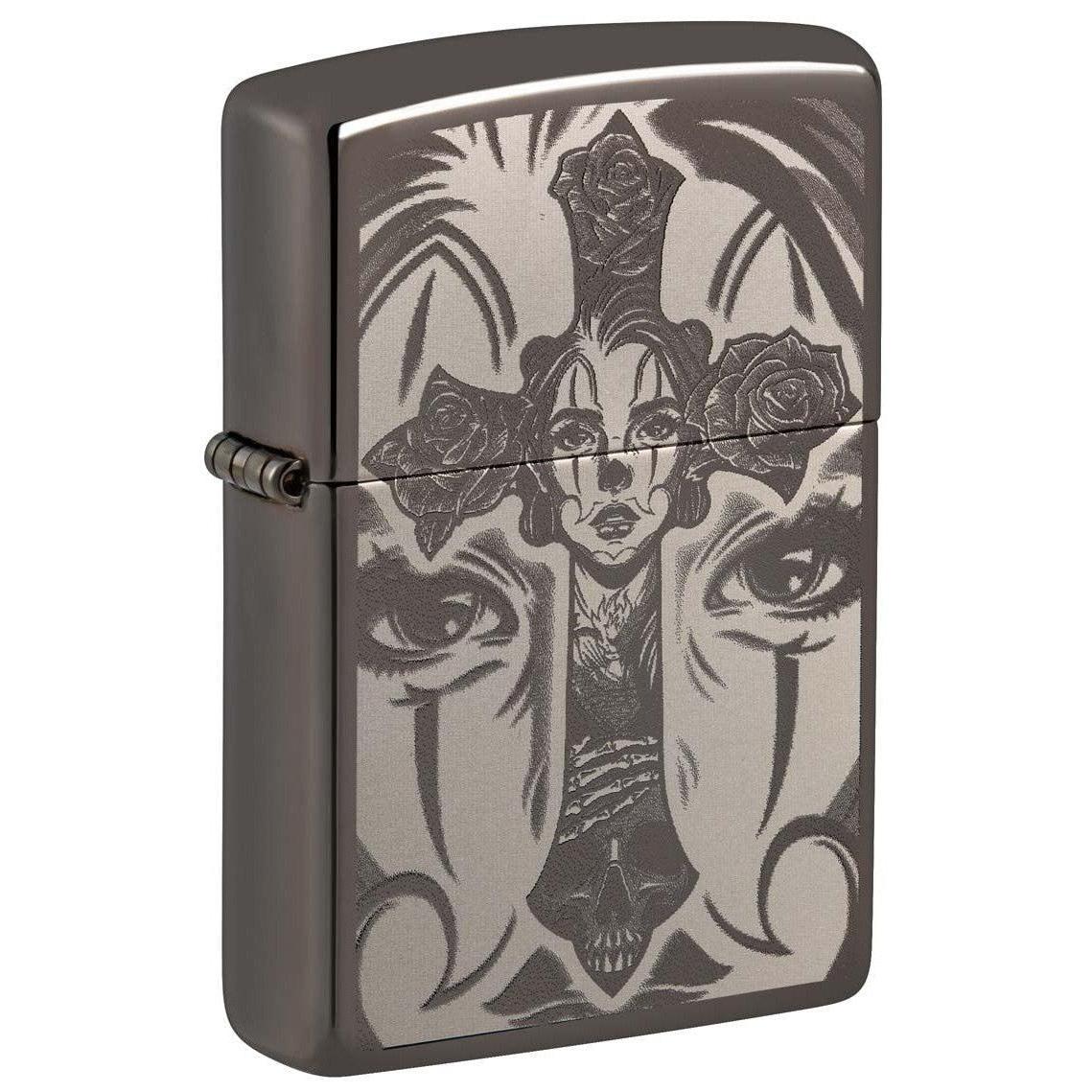Zippo Lighter: Skull with Cross, Photo Image - Black Ice 48411