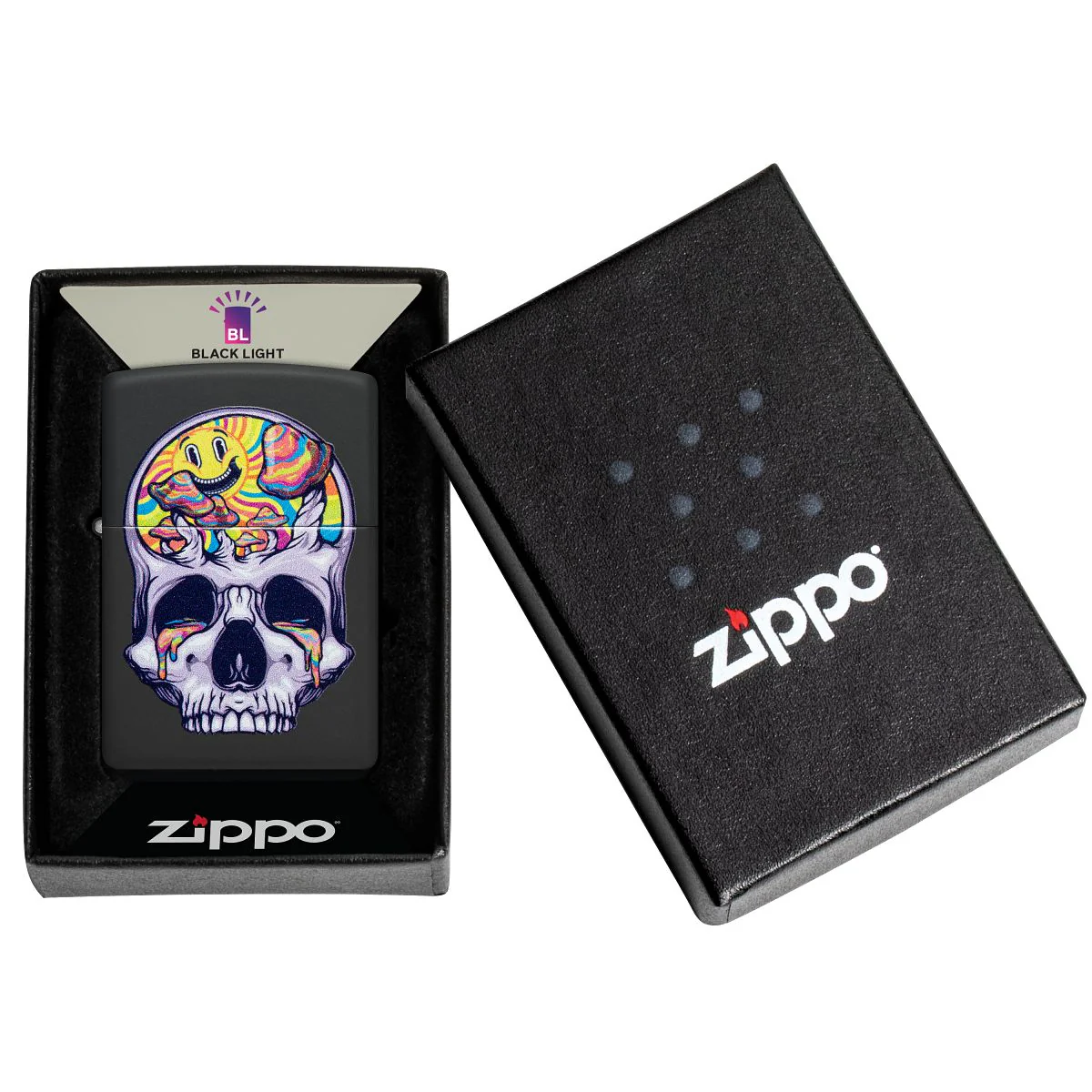 Zippo Lighter: Skull with Mushrooms, Black Light - Black Matte 48737 - Image 7