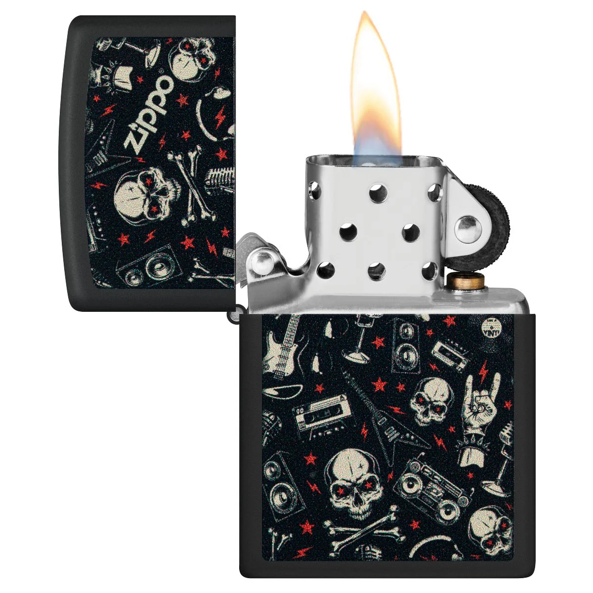 Zippo Lighter: Skulls and Music Pattern - Black Matte 46055 - Image 3