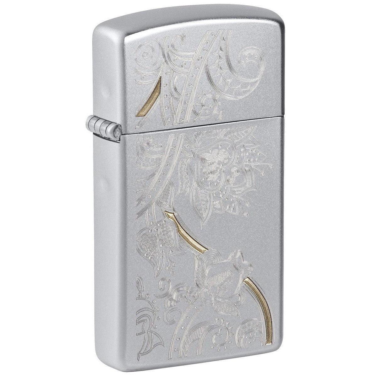 Zippo Lighter: Slim, Engraved Floral Pattern - Satin Chrome 81444