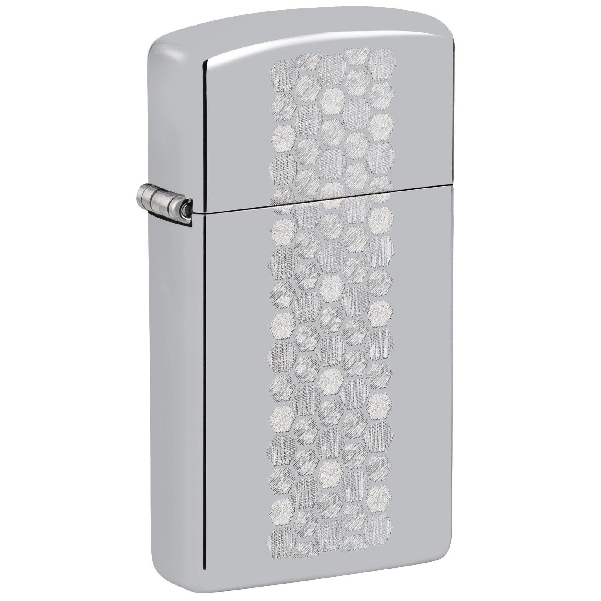 Zippo Lighter: Slim, Honeycomb Design, Engraved - High Polish Chrome 46270