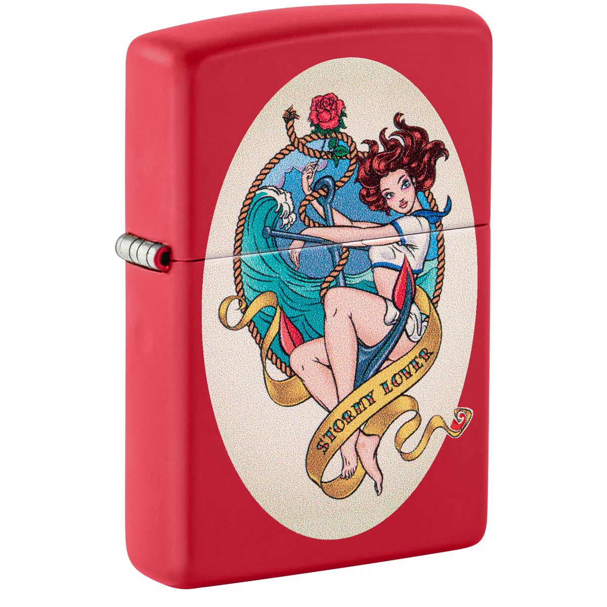 Zippo Lighter: Stormy Lover Tattoo, Pin-up Girl - Red Matte 46058