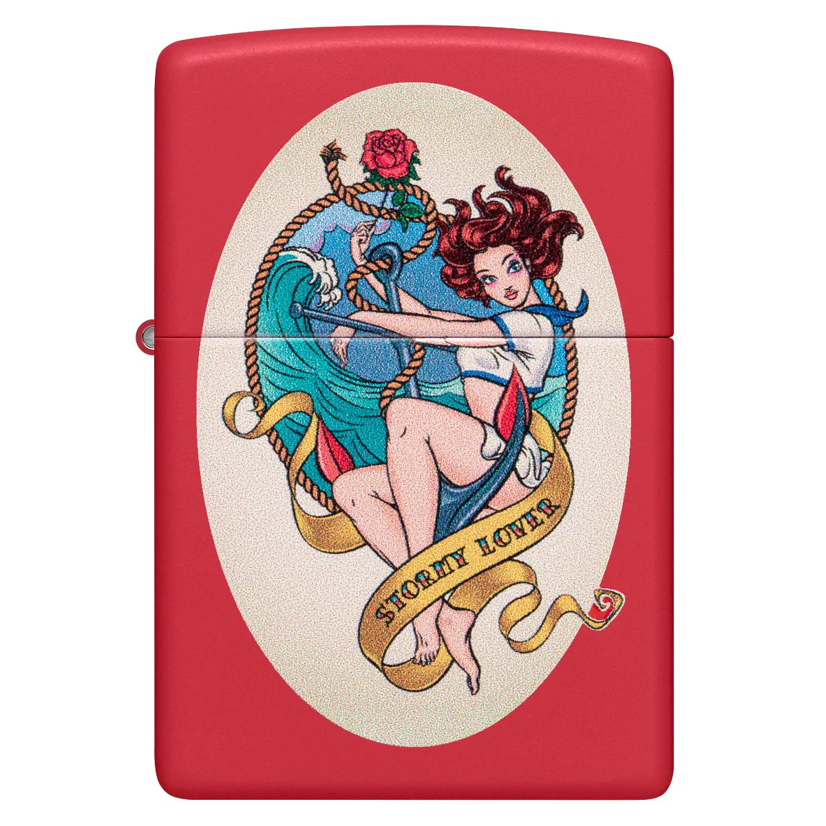 Zippo Lighter: Stormy Lover Tattoo, Pin-up Girl - Red Matte 46058 - Image 2