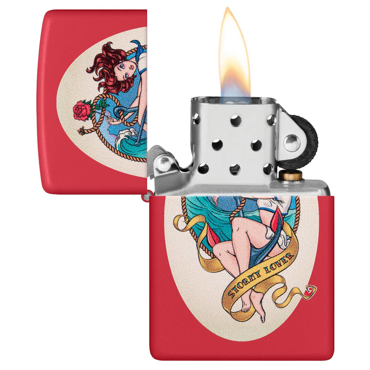 Zippo Lighter: Stormy Lover Tattoo, Pin-up Girl - Red Matte 46058 - Image 3
