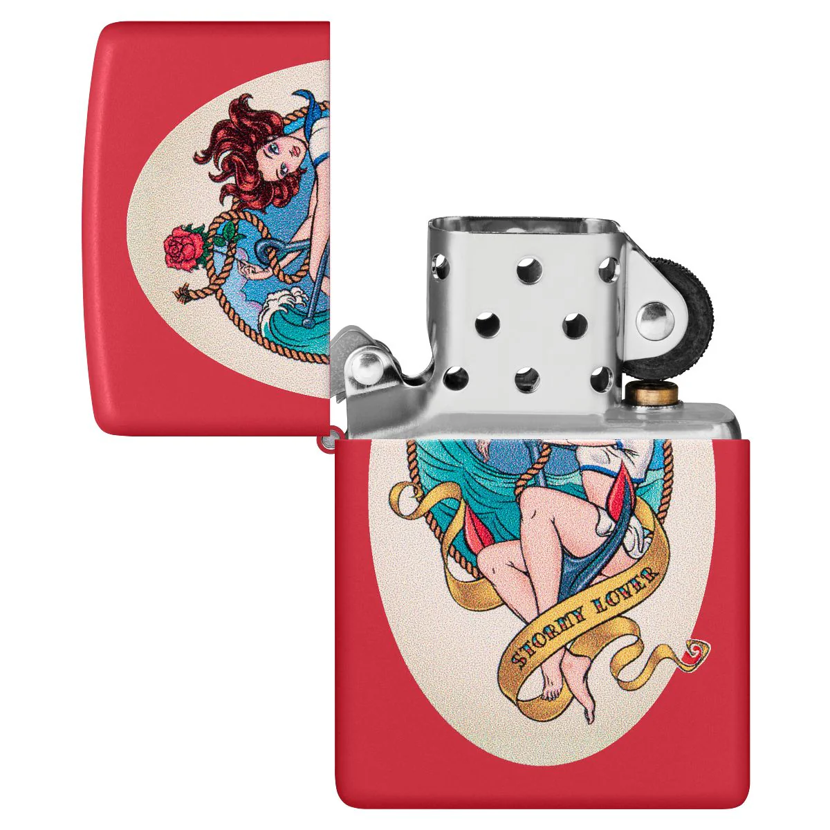 Zippo Lighter: Stormy Lover Tattoo, Pin-up Girl - Red Matte 46058 - Image 4