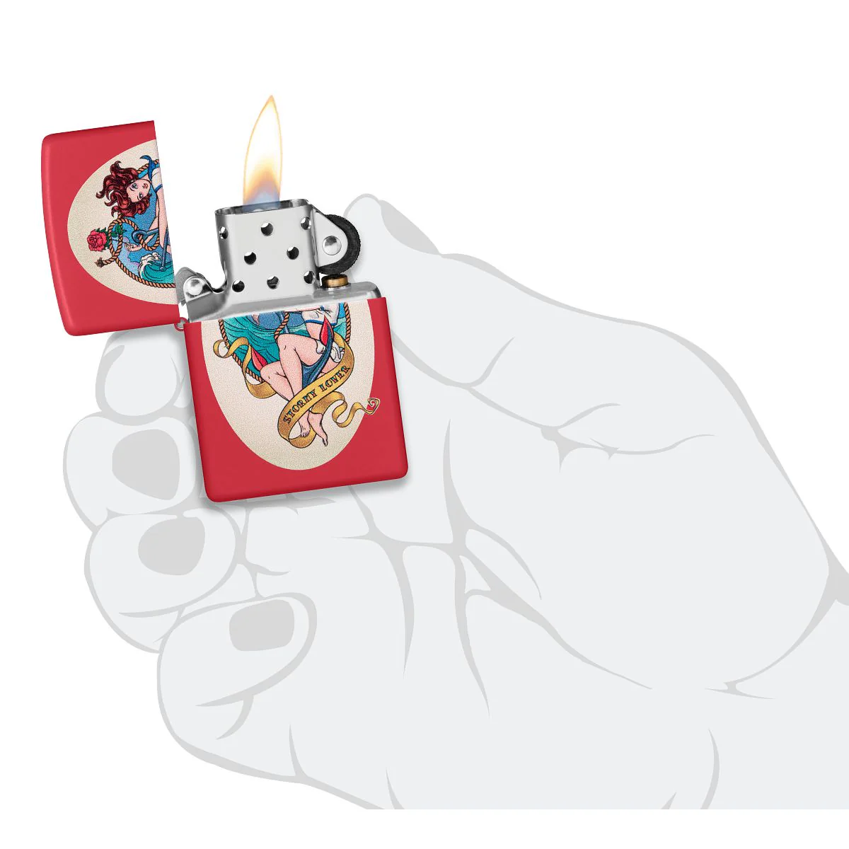 Zippo Lighter: Stormy Lover Tattoo, Pin-up Girl - Red Matte 46058 - Image 5