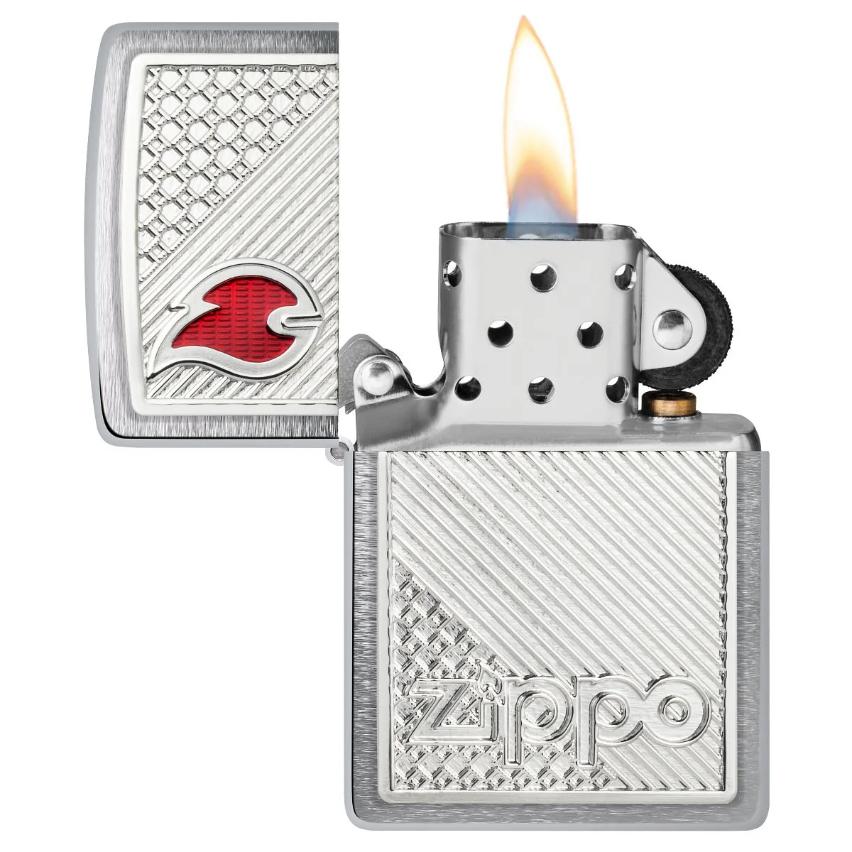 Zippo Lighter: Tiles Emblem with Flame - Brushed Chrome 48126 - Image 3