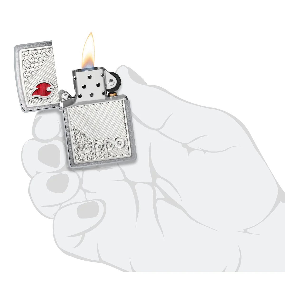 Zippo Lighter: Tiles Emblem with Flame - Brushed Chrome 48126 - Image 5
