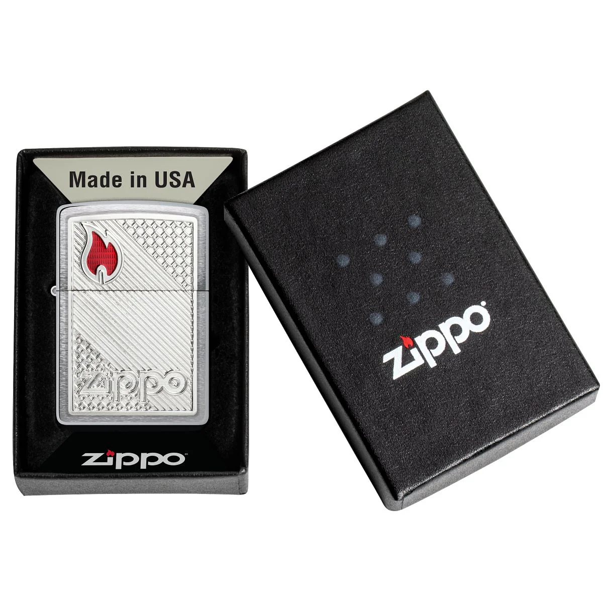 Zippo Lighter: Tiles Emblem with Flame - Brushed Chrome 48126 - Image 6