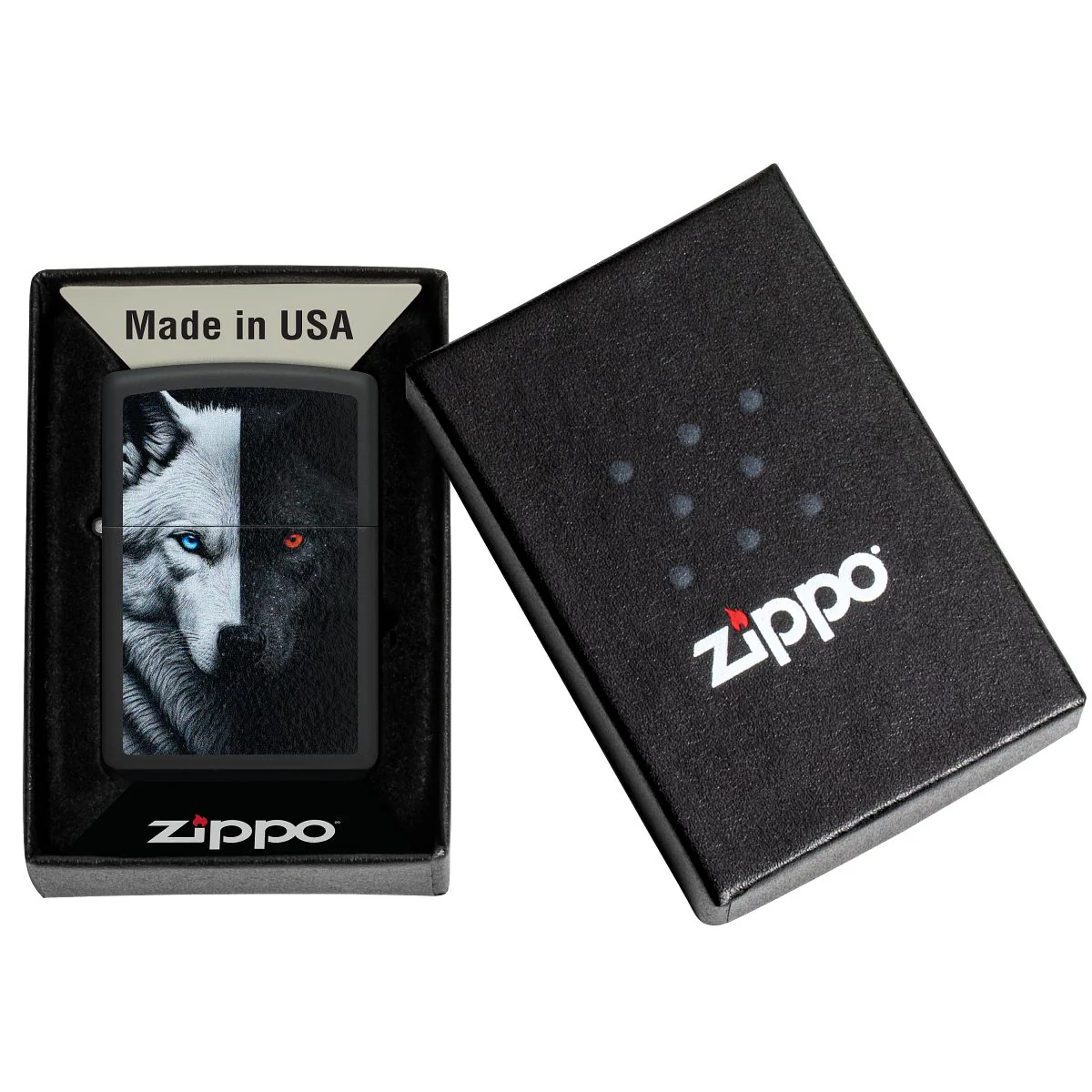 Zippo Lighter: Two Wolves Design - Black Matte 46694 - Image 6
