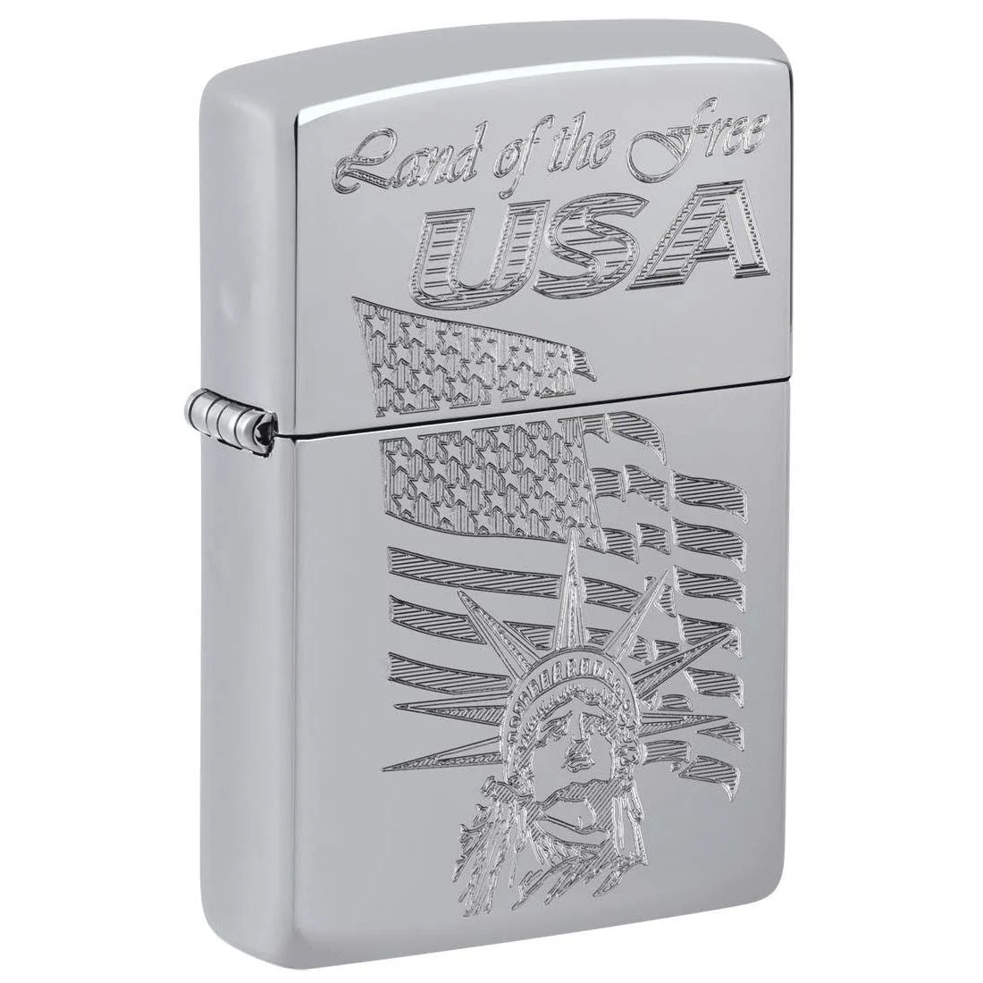 Zippo Lighter: USA Land of the Free, Engraved - High Polish Chrome 81396