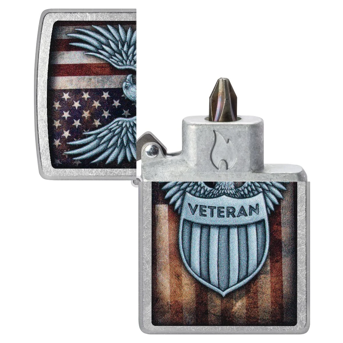 Zippo Lighter: Veteran Crest and American Flag - Street Chrome 46824 - Image 3