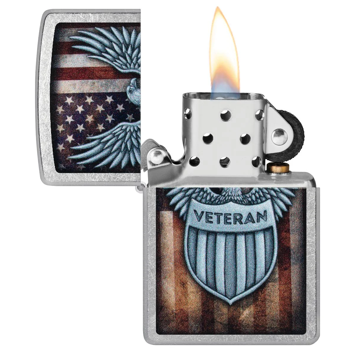 Zippo Lighter: Veteran Crest and American Flag - Street Chrome 46824 - Image 4