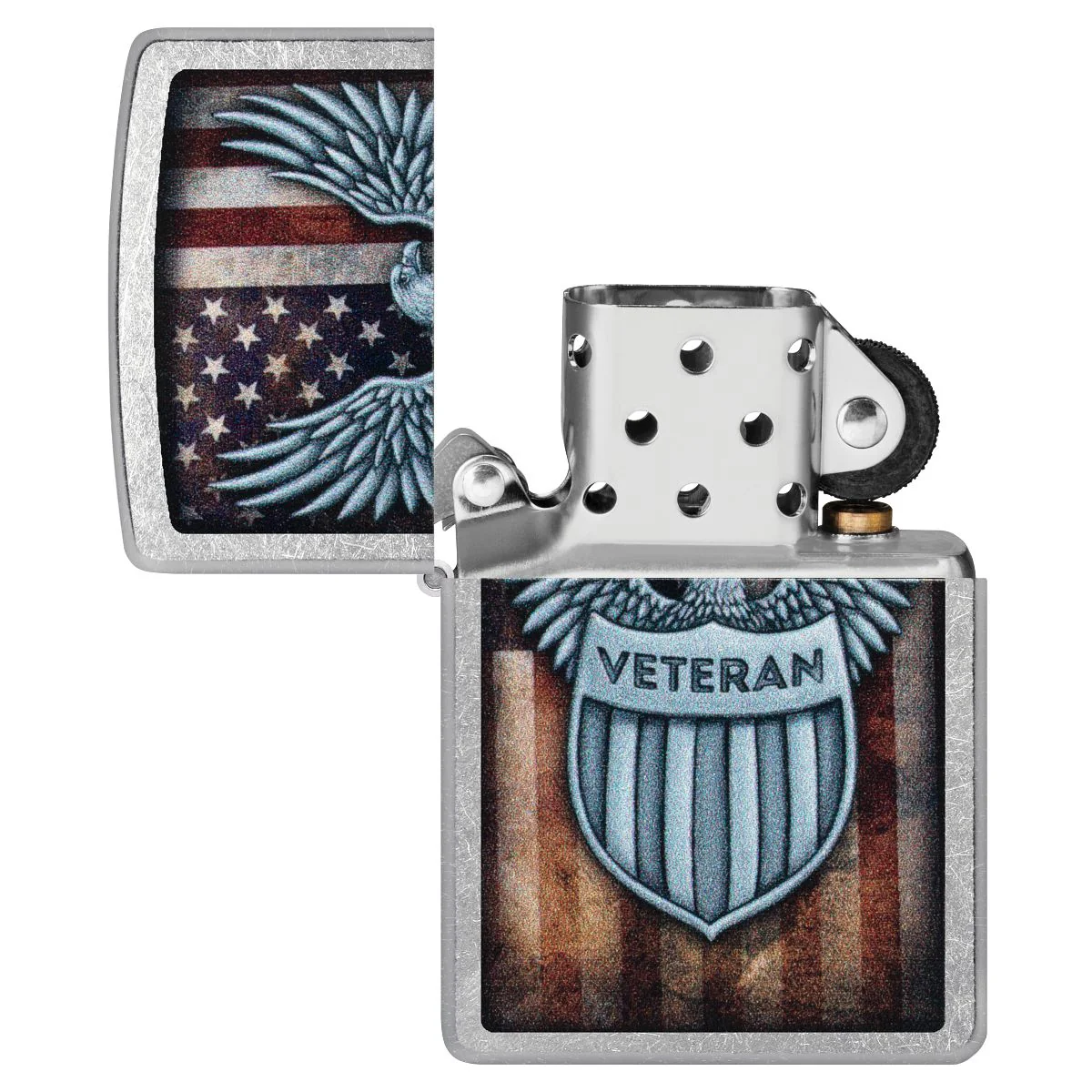 Zippo Lighter: Veteran Crest and American Flag - Street Chrome 46824 - Image 5