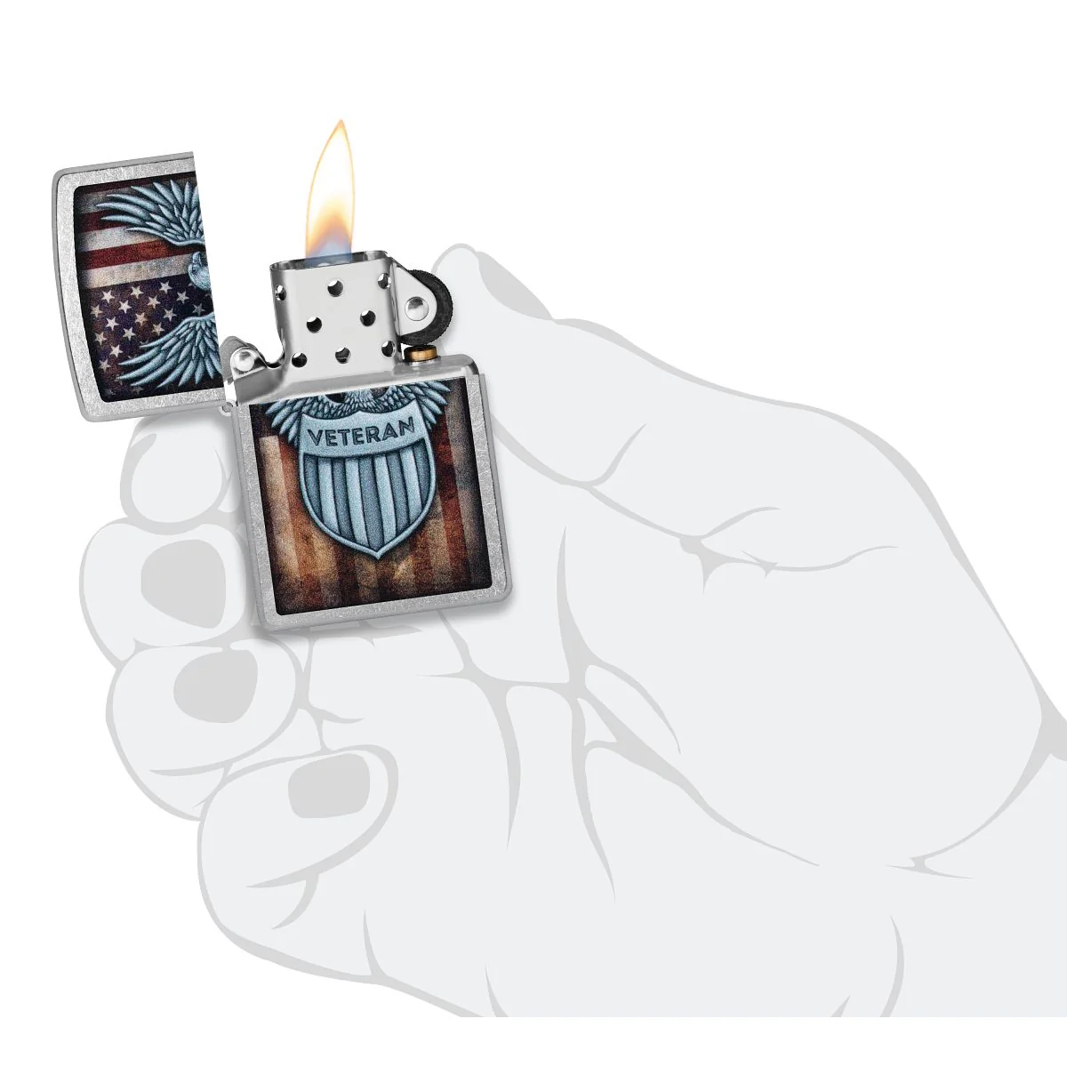 Zippo Lighter: Veteran Crest and American Flag - Street Chrome 46824 - Image 6