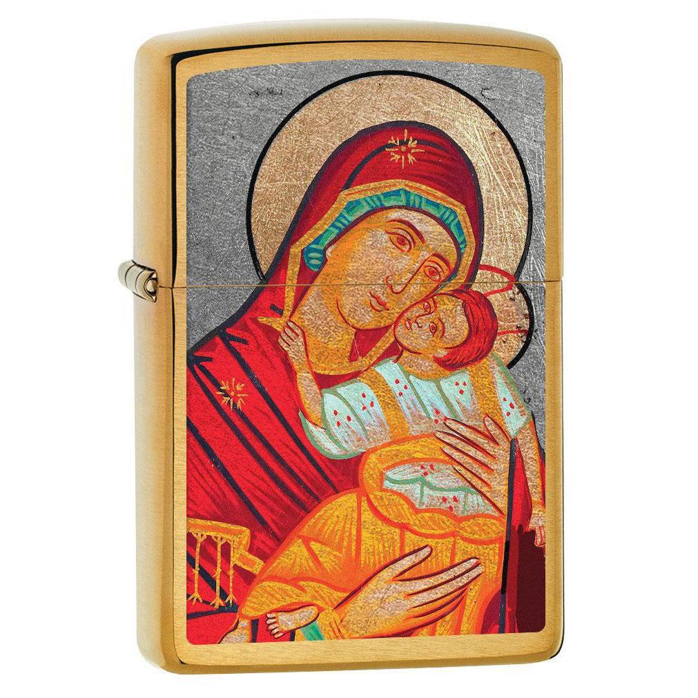 Zippo Lighter: Virgin Mary with Child - Brushed Brass 80631