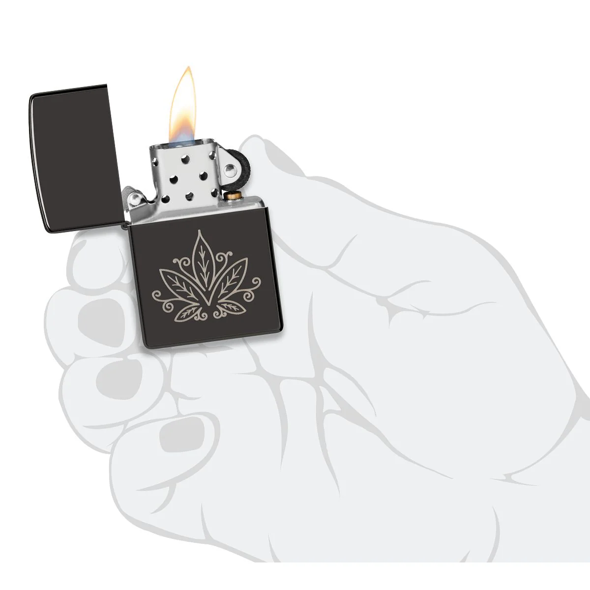Zippo Lighter: Weed Leaf Design, Engraved - High Polish Black 48926 - Image 5