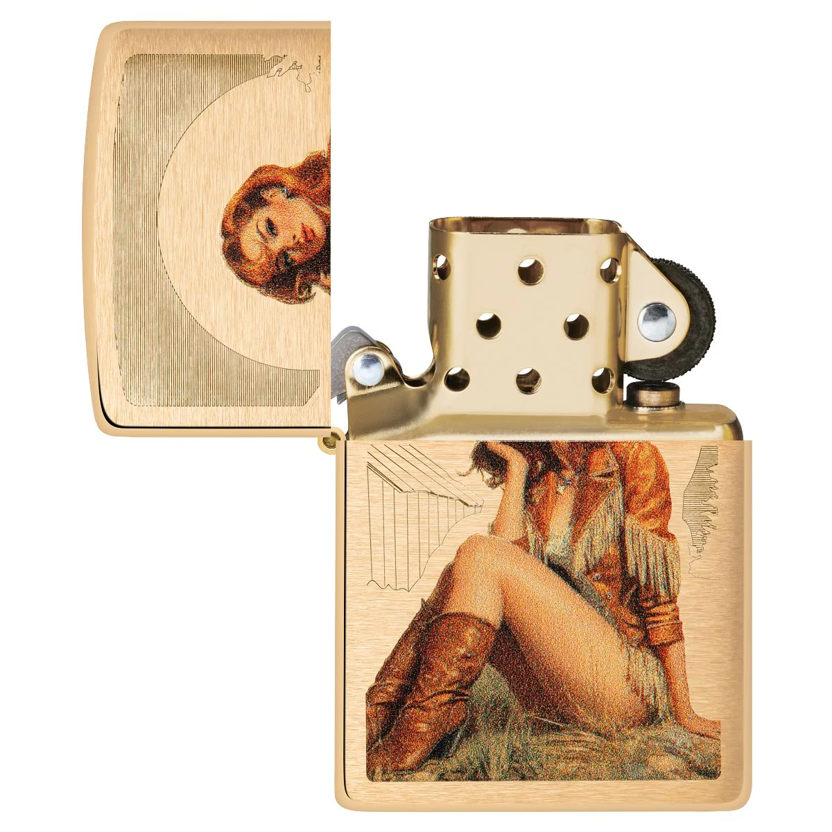 Zippo Lighter: Western Pin-up Girl - Brushed Brass 46962 - Image 4