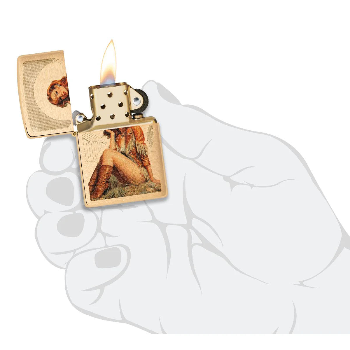Zippo Lighter: Western Pin-up Girl - Brushed Brass 46962 - Image 5