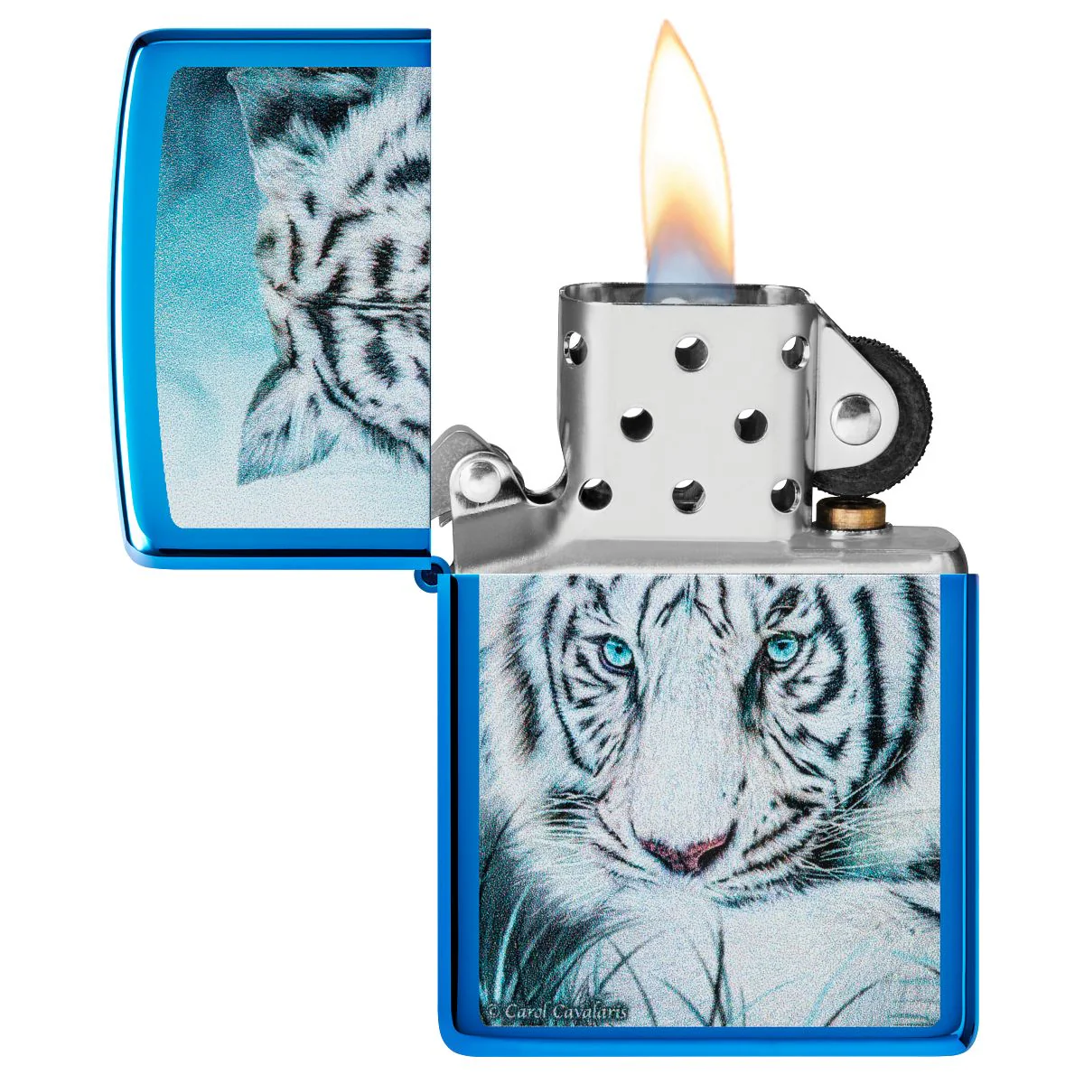 Zippo Lighter: White Tiger, Spirit of Sensuality by Carol Cavalaris - High Polish Blue 48951 - Image 3