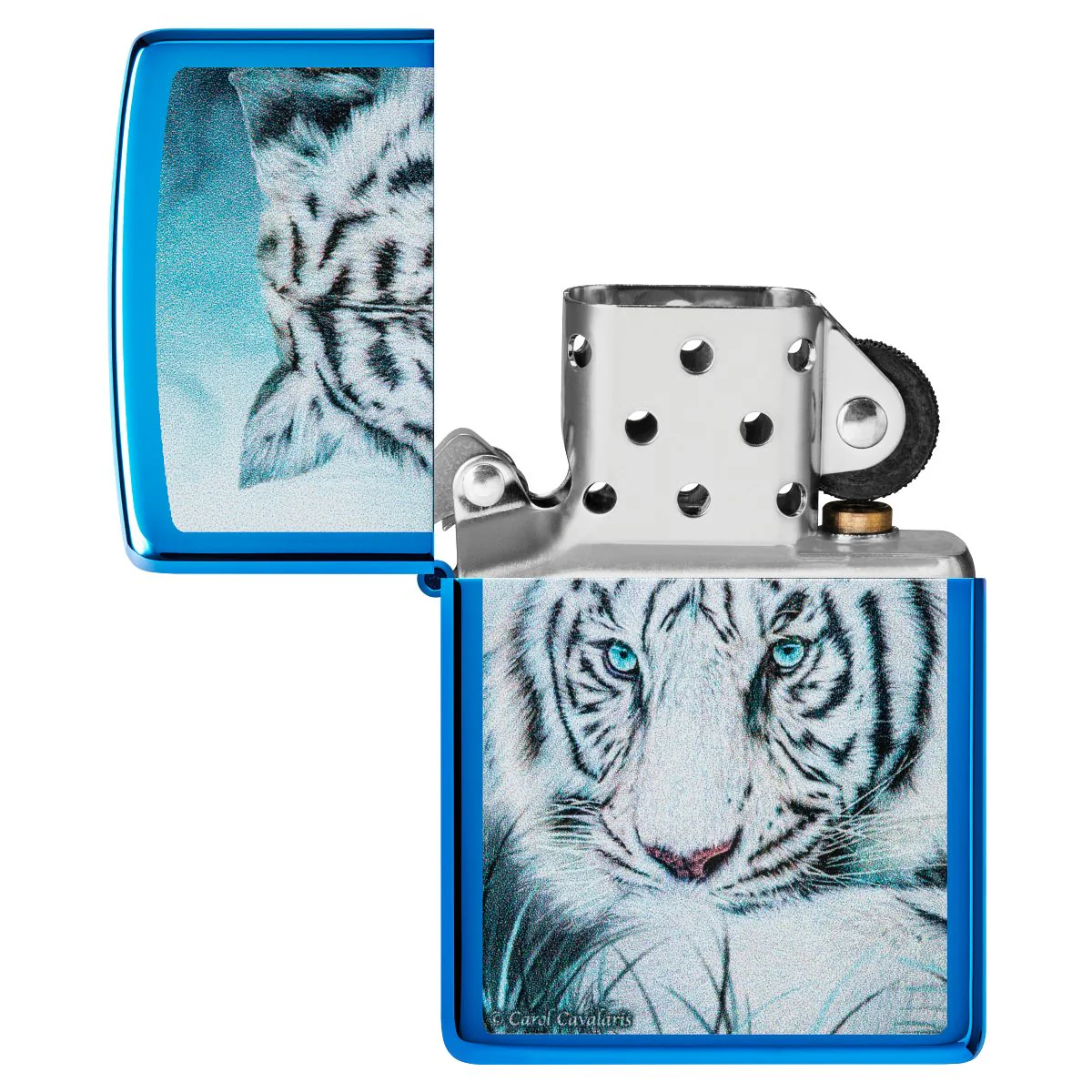Zippo Lighter: White Tiger, Spirit of Sensuality by Carol Cavalaris - High Polish Blue 48951 - Image 4