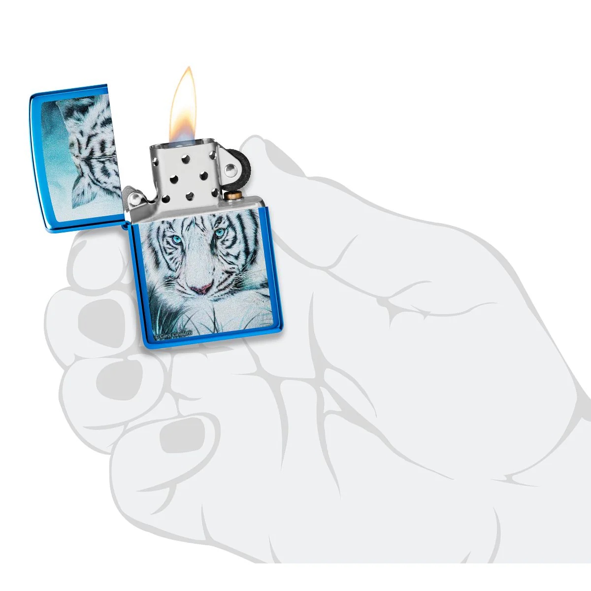 Zippo Lighter: White Tiger, Spirit of Sensuality by Carol Cavalaris - High Polish Blue 48951 - Image 5