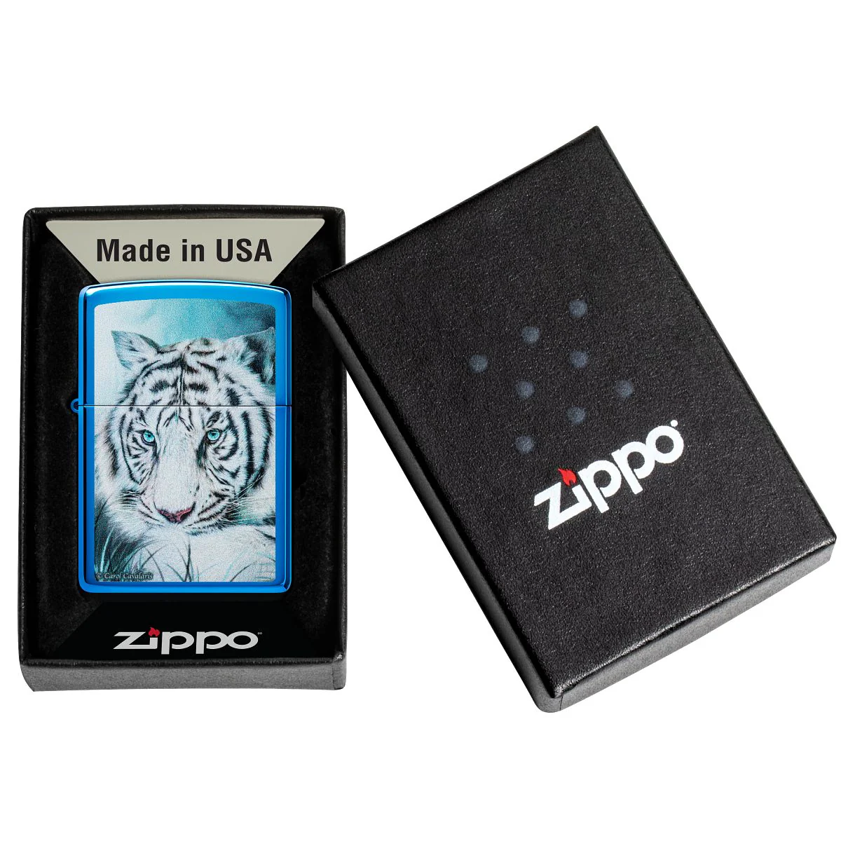 Zippo Lighter: White Tiger, Spirit of Sensuality by Carol Cavalaris - High Polish Blue 48951 - Image 6