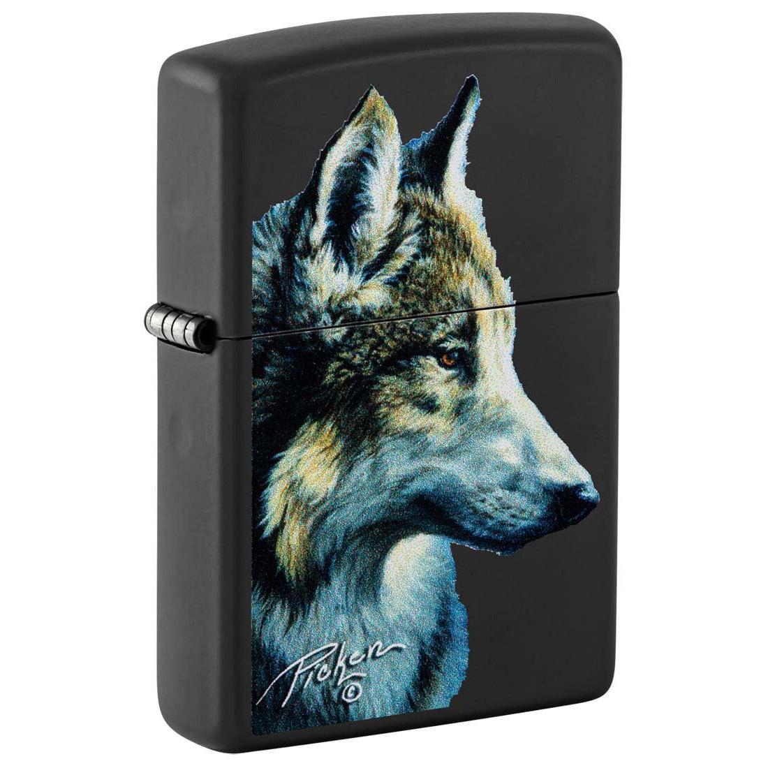 Zippo Lighter: Wolf Head by Linda Picken - Black Matte 48598