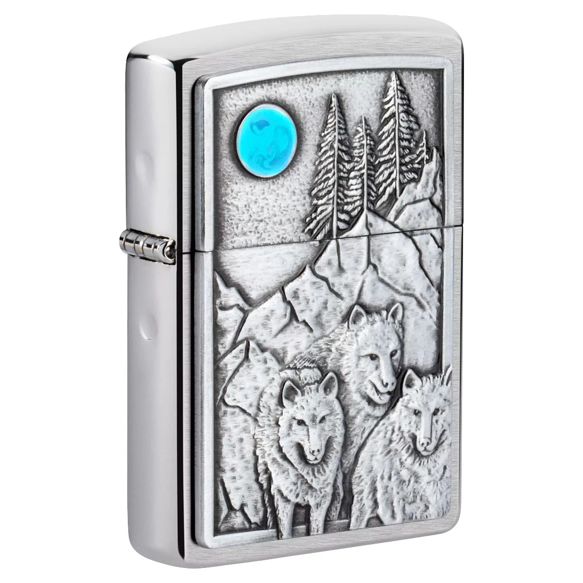 Zippo Lighter: Wolf Pack and Moon Emblem - Brushed Chrome 49295