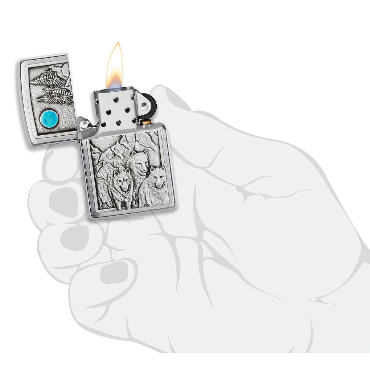 Zippo Lighter: Wolf Pack and Moon Emblem - Brushed Chrome 49295 - Image 5