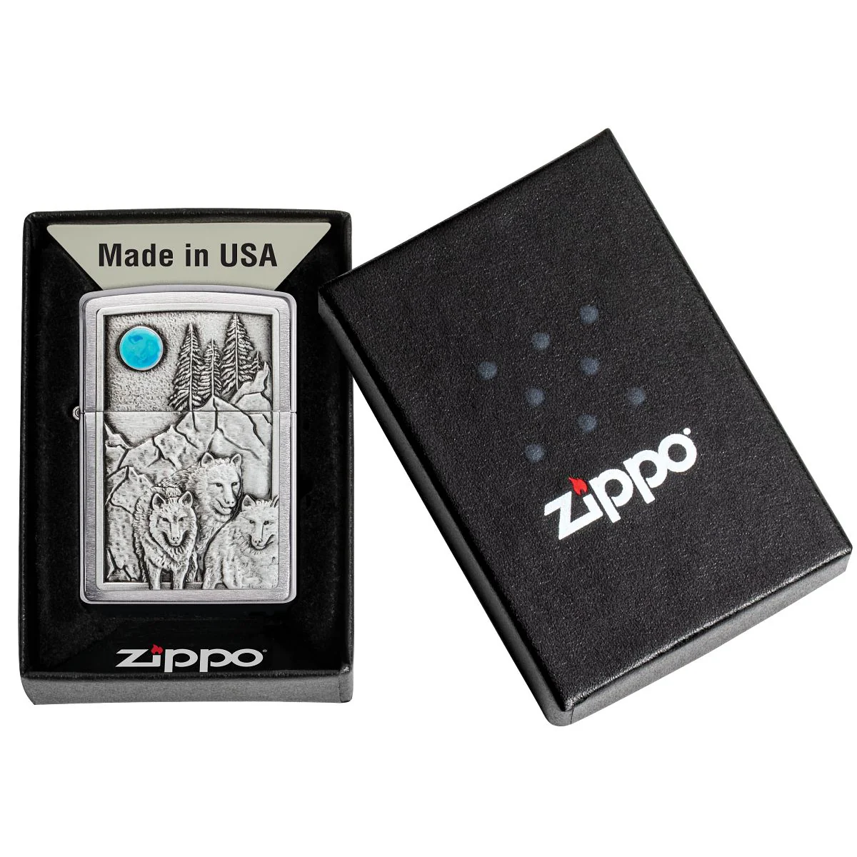 Zippo Lighter: Wolf Pack and Moon Emblem - Brushed Chrome 49295 - Image 6