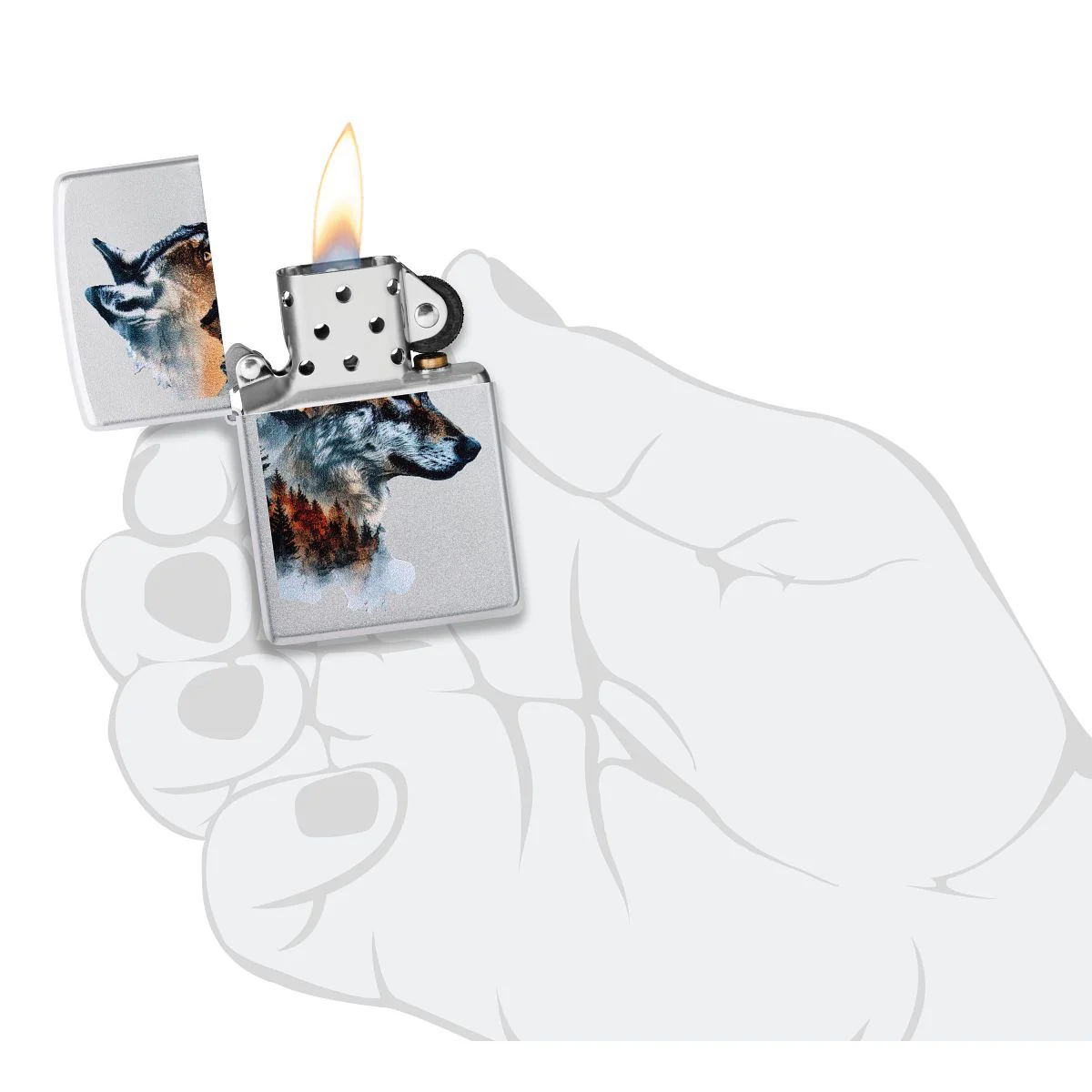 Zippo Lighter: Wolf with Mountains - Satin Chrome 46870 - Image 5