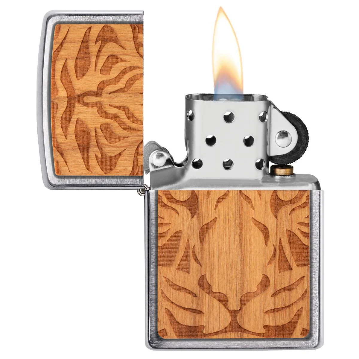 Zippo Lighter: Woodchuck Cherry with Tiger - Brushed Chrome 49707 - Image 5