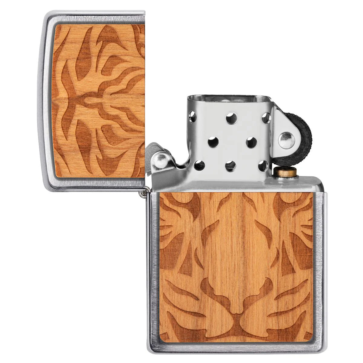 Zippo Lighter: Woodchuck Cherry with Tiger - Brushed Chrome 49707 - Image 6