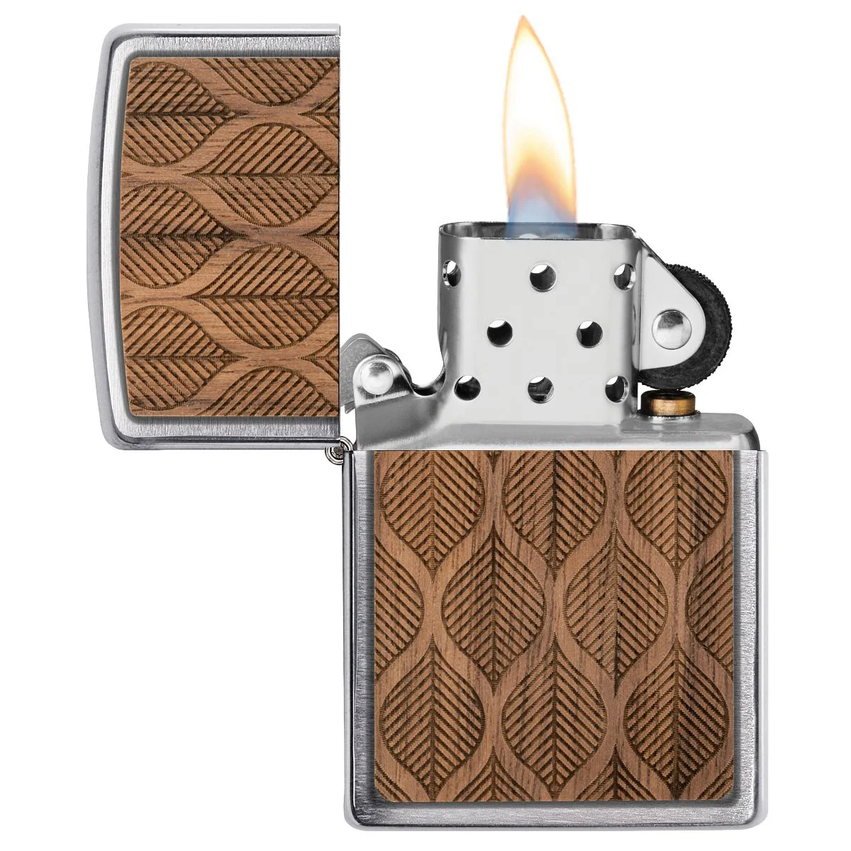 Zippo Lighter: Woodchuck Walnut with Leaves - Brushed Chrome 49708 - Image 5