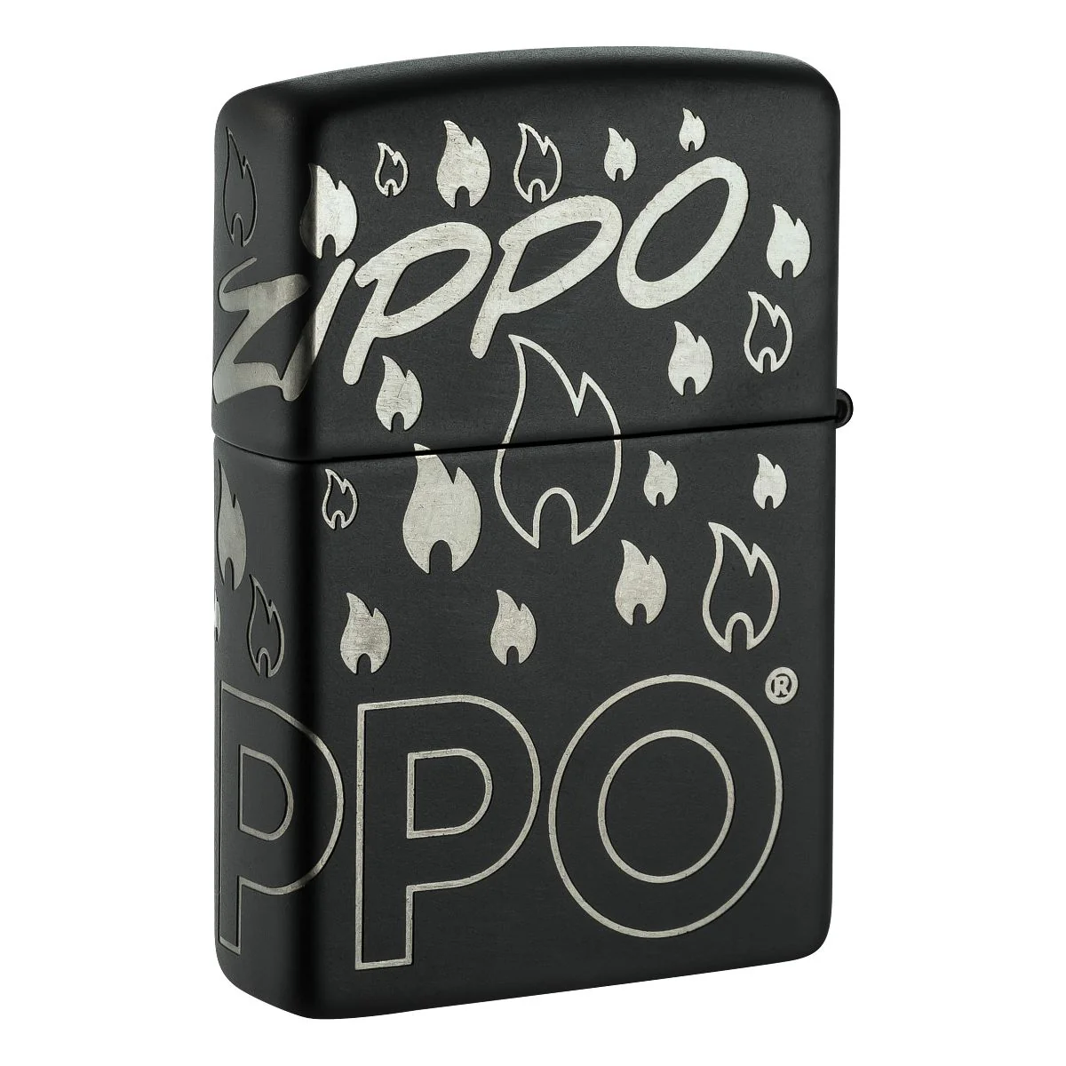 Zippo Lighter: Zippo Logo and Flames, Laser 360 - Black Matte 48908 - Image 2