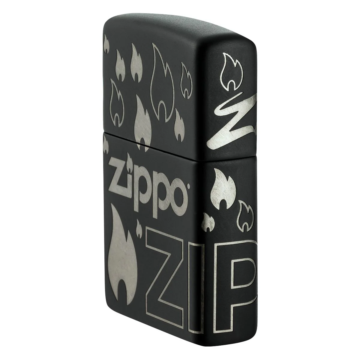 Zippo Lighter: Zippo Logo and Flames, Laser 360 - Black Matte 48908 - Image 3