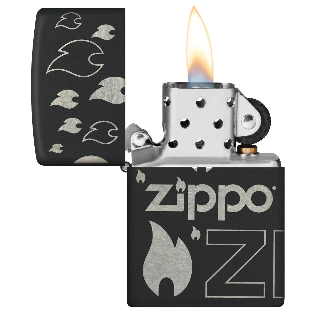 Zippo Lighter: Zippo Logo and Flames, Laser 360 - Black Matte 48908 - Image 6