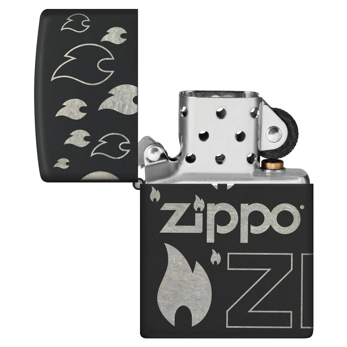 Zippo Lighter: Zippo Logo and Flames, Laser 360 - Black Matte 48908 - Image 7