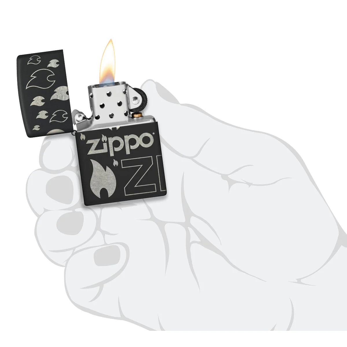 Zippo Lighter: Zippo Logo and Flames, Laser 360 - Black Matte 48908 - Image 8
