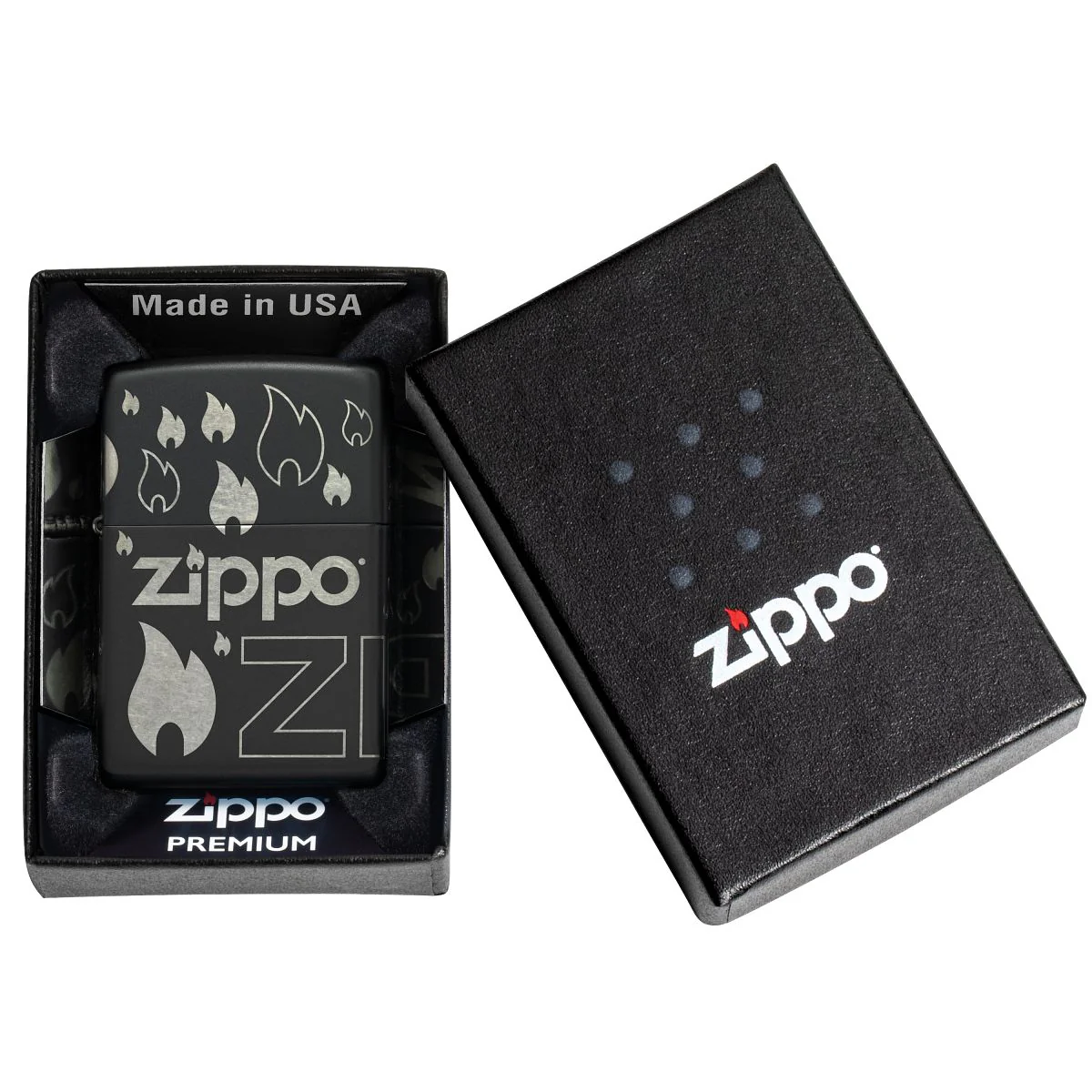 Zippo Lighter: Zippo Logo and Flames, Laser 360 - Black Matte 48908 - Image 9