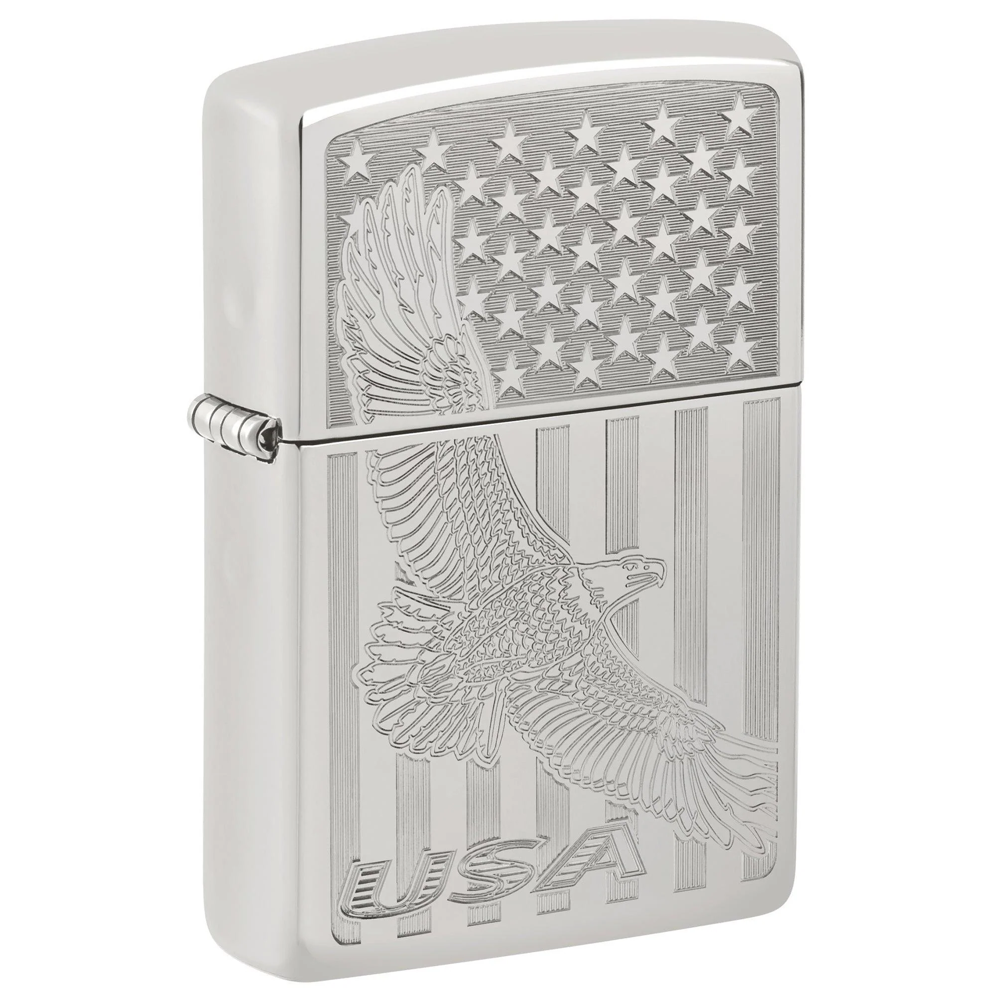 Zippo Sterling Silver Lighter: Engraved Eagle and American Flag - High Polish 81665
